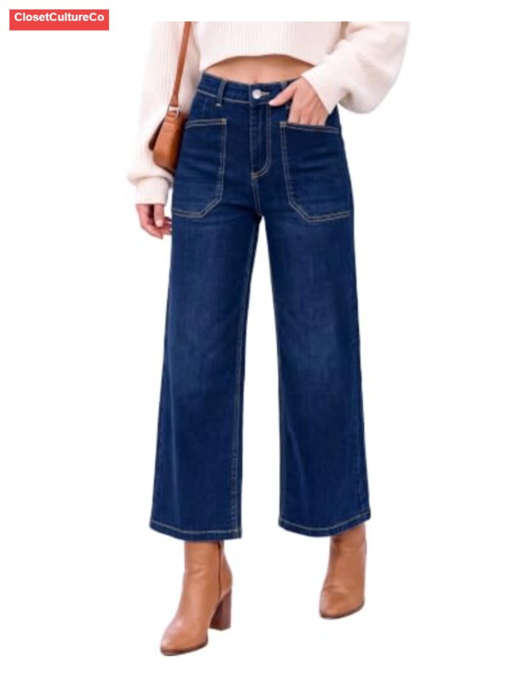 Wide Leg Cropped High Waisted Stretch Denim Jeans Patch Pocket